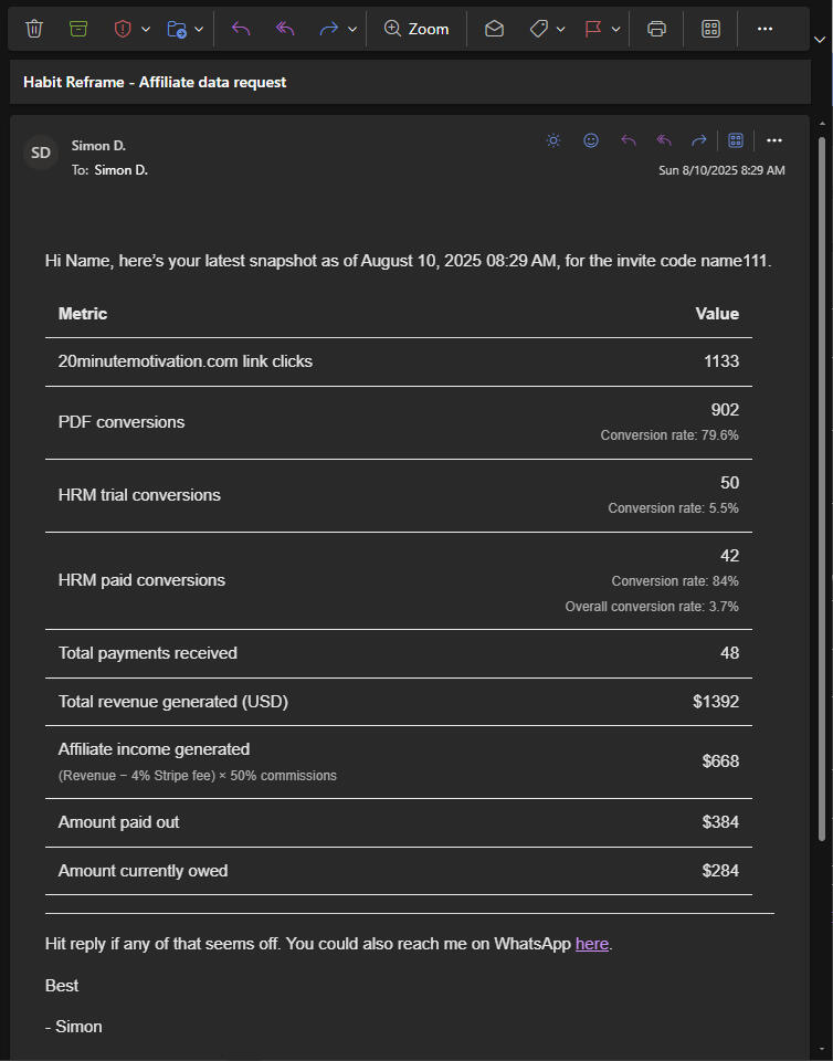 Affiliate stats example